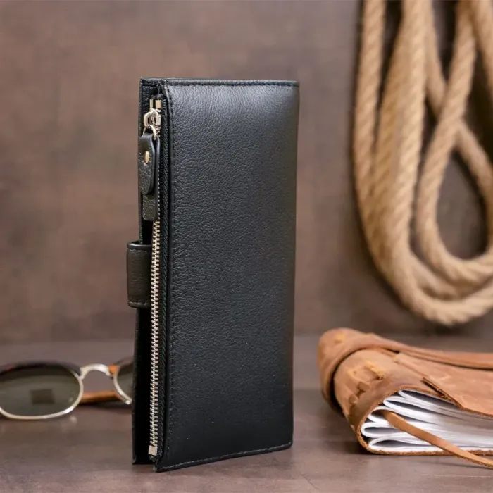 Оригінальний гаманець шкіряний жіночий на хлястиці з кнопкою ST Leather 19280 Чорний