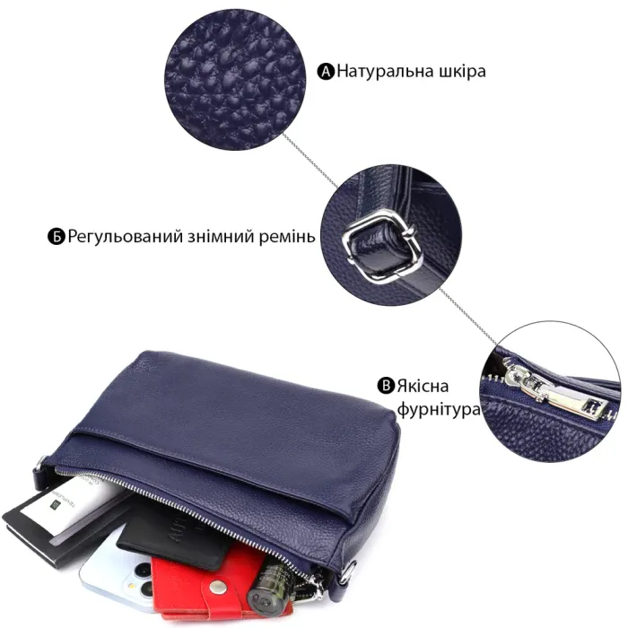 Елегантна сумка жіноча з натуральної шкіри з двома ремінцями Vintage 22928 Синій