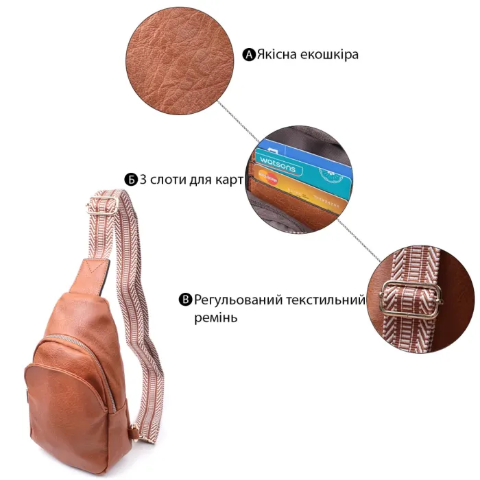 Жіноча сумка через плече з екошкіри з акцентом на текстильну лямку Vintage 22780 Рудий