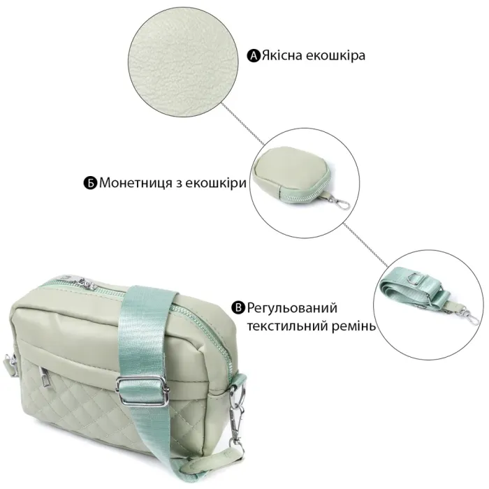 Стильна жіноча сумка крос-боді з монетницею з екошкіри Vintage 22797 Фісташковий