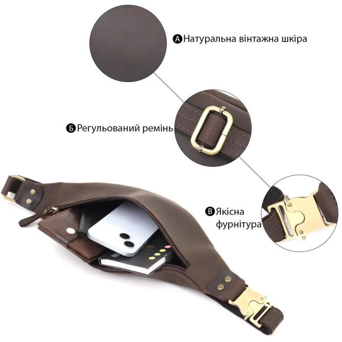 Стильна чоловіча бананка з натуральної вінтажної шкіри Shvigel 23130 Коричневий