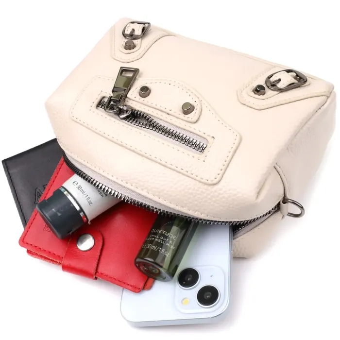 Компактна сумка жіноча з трендовим декором з натуральної шкіри Vintage 22923 Білий