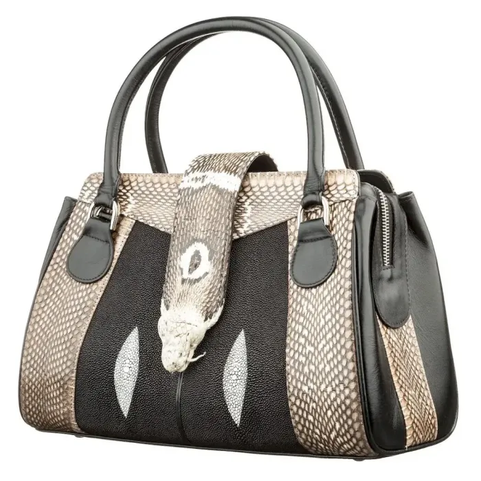 Сумка жіноча STINGRAY LEATHER 18502 із натуральної шкіри морського скату зі вставками зі шкіри пітона Чорна