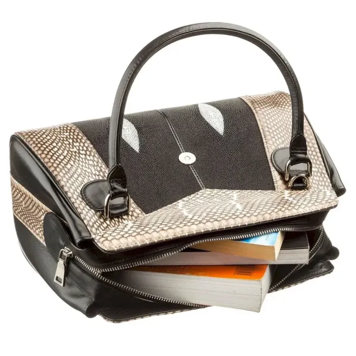 Сумка жіноча STINGRAY LEATHER 18502 із натуральної шкіри морського скату зі вставками зі шкіри пітона Чорна