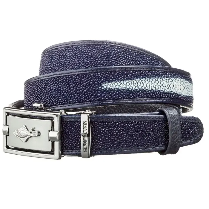 Ремінь тонкий автомат STINGRAY LEATHER 18648 із натуральної шкіри морського скату Синій