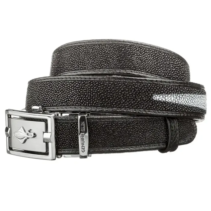 Ремінь тонкий автомат STINGRAY LEATHER 18649 із натуральної шкіри морського ската Чорний
