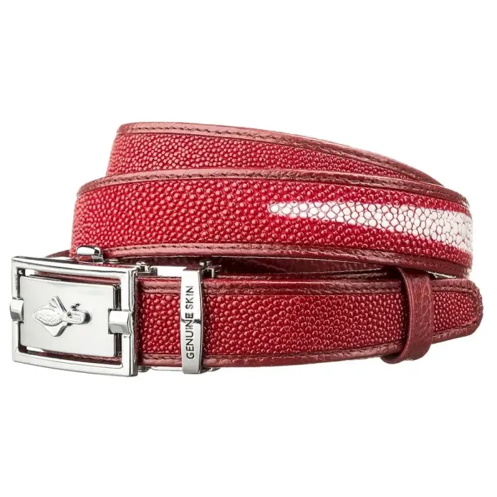 Ремінь тонкий автомат STINGRAY LEATHER 18650 із натуральної шкіри морського ската Бордовий