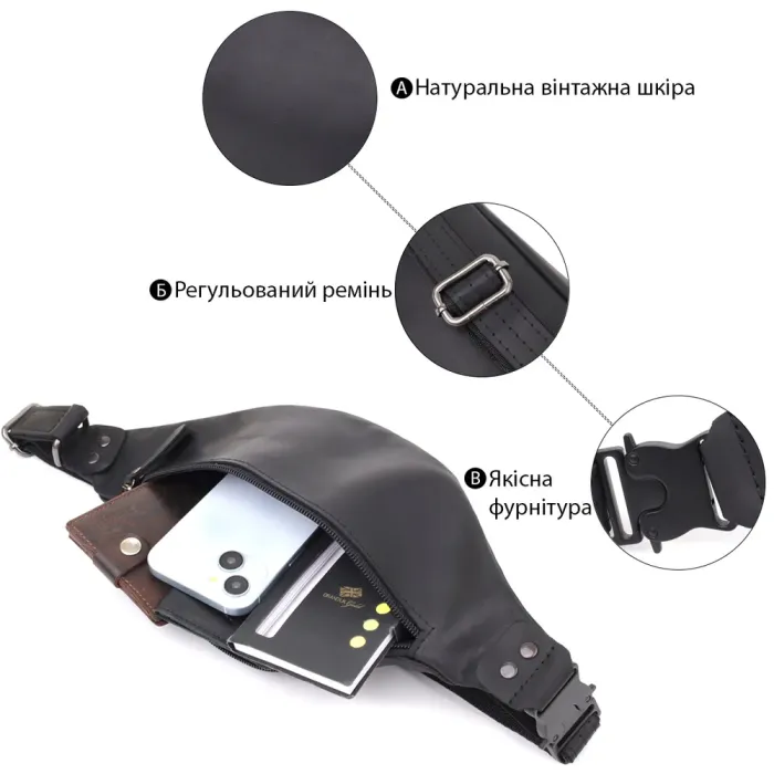 Чоловіча бананка з натуральної вінтажної шкіри Shvigel 23129 Чорний