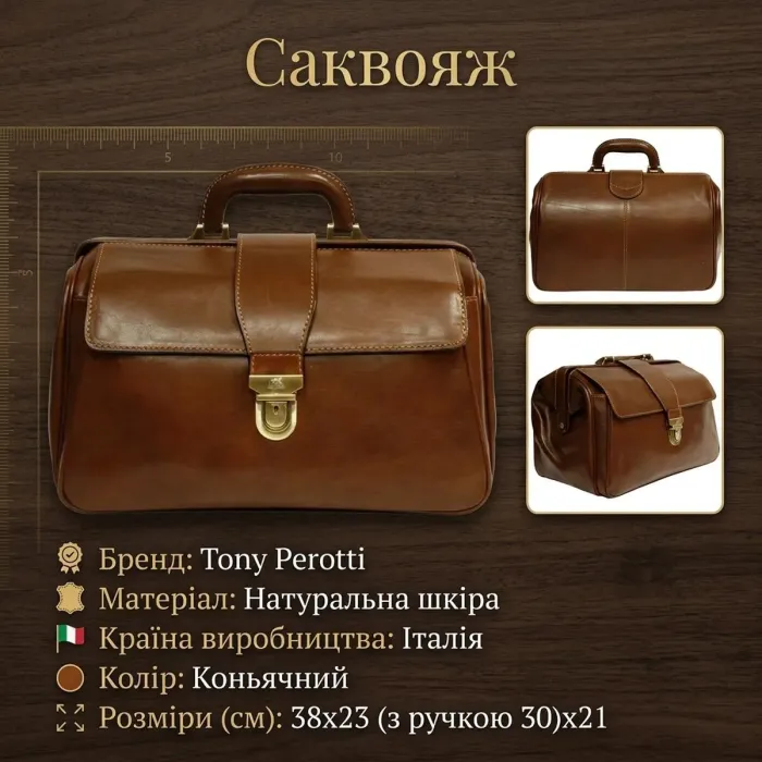 Саквояж з натуральної шкіри Tony Perotti Italico 8051 (90625) Коньячний