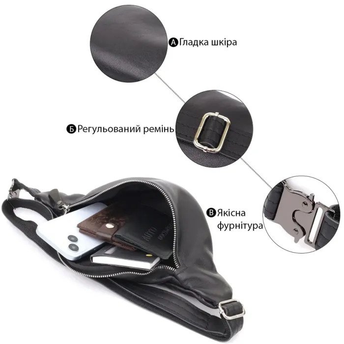 Зручна чоловіча бананка відмінної якості з гладкої натуральної шкіри Shvigel 23143 Чорний