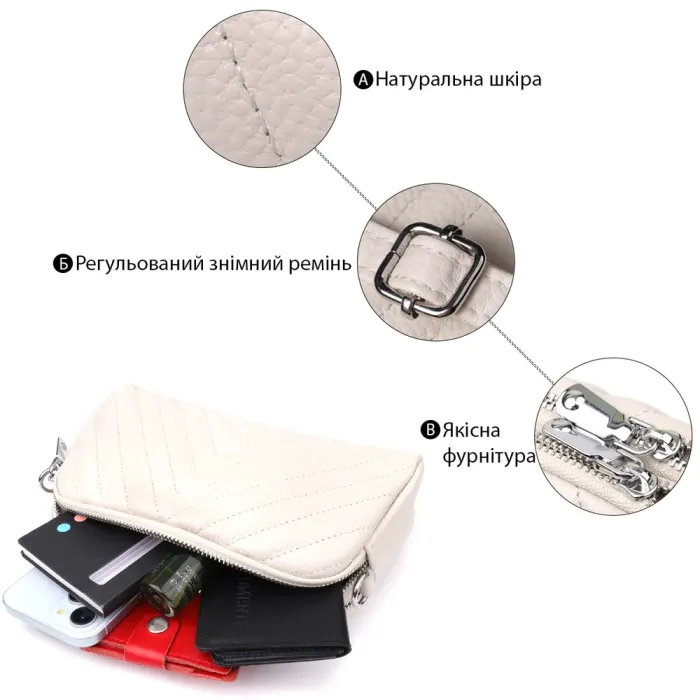 Модна сумка прошита трикутниками з натуральної шкіри Vintage 22910 Білий