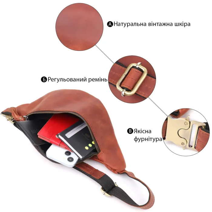 Бананка для чоловіків відмінної якості з натуральної шкіри вінтажної шкіри Shvigel 23140 Рудий