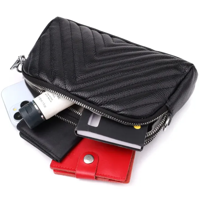 Стильна сумка прошита трикутниками із натуральної шкіри Vintage 22909 Чорний