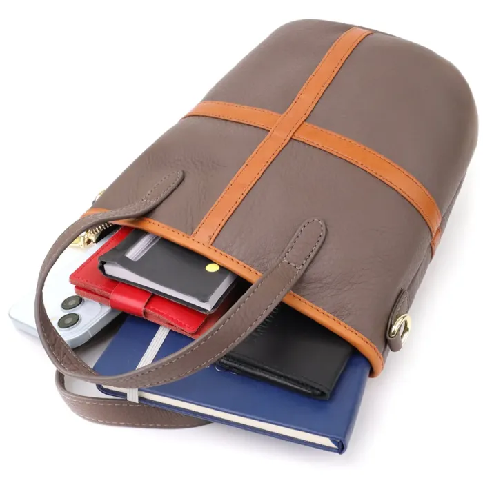 Жіноча шкіряна сумка з коричневою вставкою на лицьовій стороні Vintage 22999 Бежево-сірий