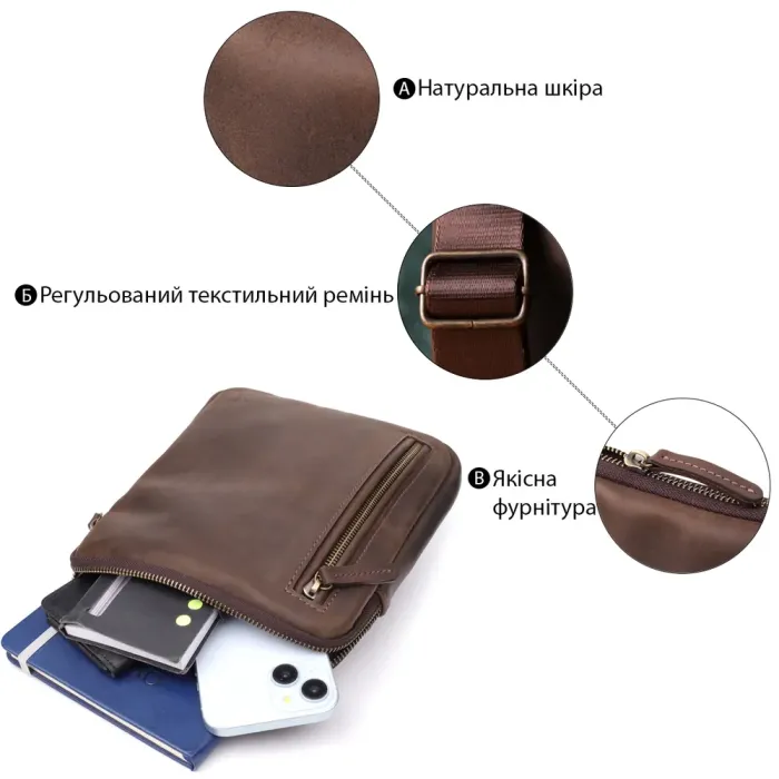 Практична сумка для чоловіків на плече з натуральної вінтажної шкіри Shvigel 23149 Коричневий