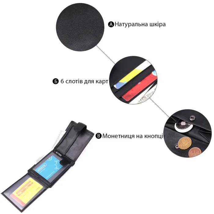 Місткий чоловічий гаманець з натуральної шкіри Vintage 15102 Чорний