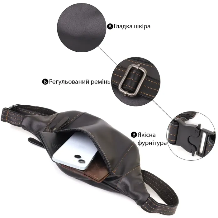 Чоловіча сумка-бананка з натуральної гладкої шкіри Shvigel 23125 Чорний