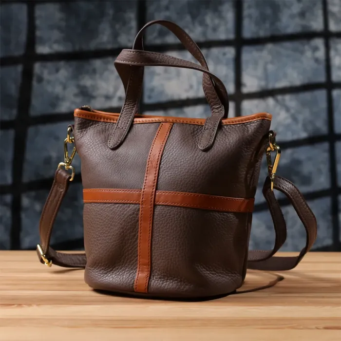 Жіноча шкіряна сумка з коричневою вставкою на лицьовій стороні Vintage 22999 Бежево-сірий