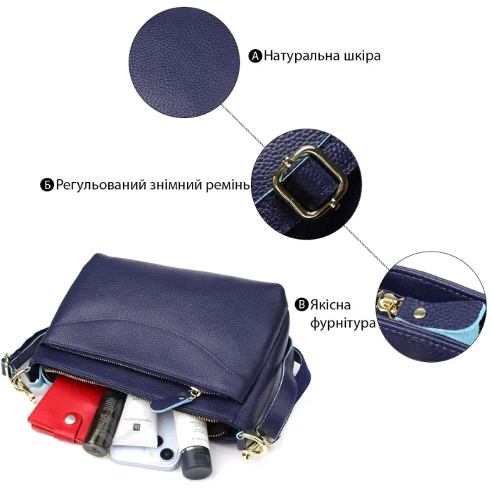 Елегантна жіноча шкіряна сумка з жорстким дном Vintage 22986 Синій