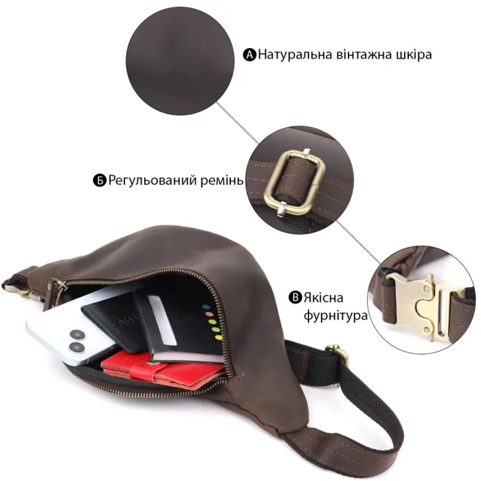 Добротна сумка бананка для чоловіків з натуральної шкіри вінтажної Shvigel 23139 Коричневий