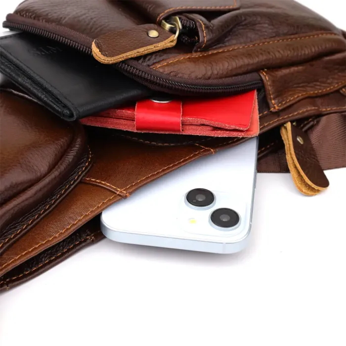 Практична чоловіча сумка з великою кількістю кишень із натуральної шкіри Vintage 22962 Коричневий