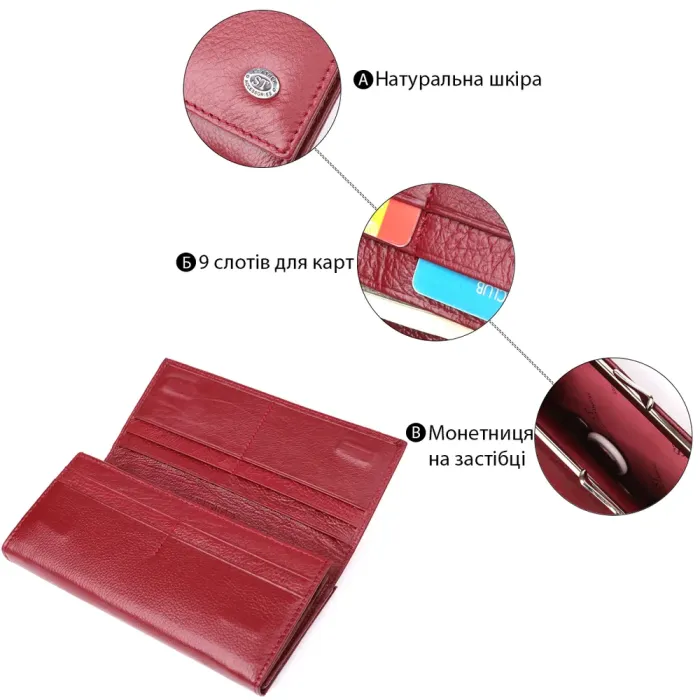 Елегантний гаманець для жінок з монетницею із натуральної шкіри ST Leather 23107 Бордовий