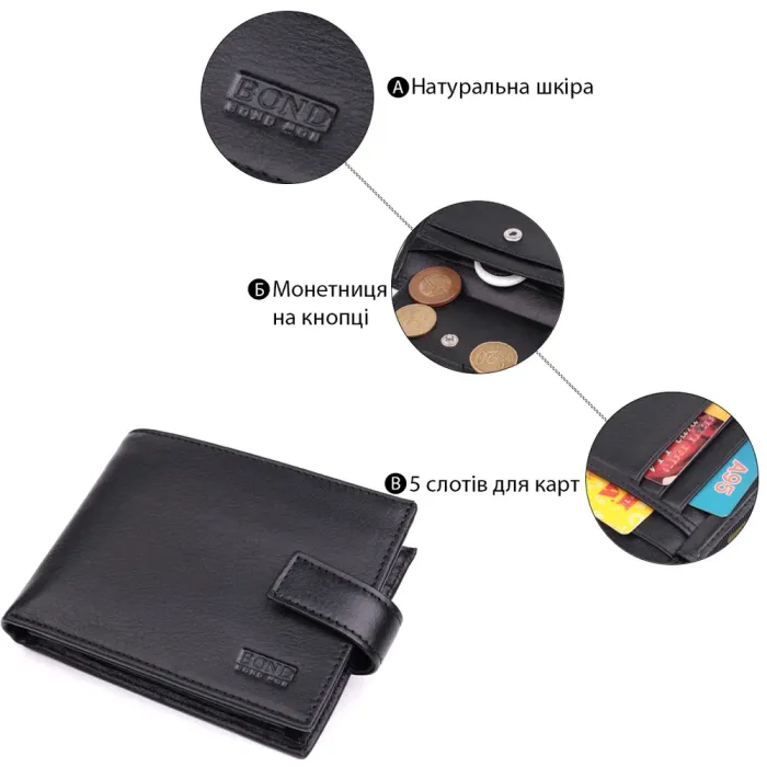 Місткий чоловічий гаманець з натуральної шкіри BOND 22861 Чорний