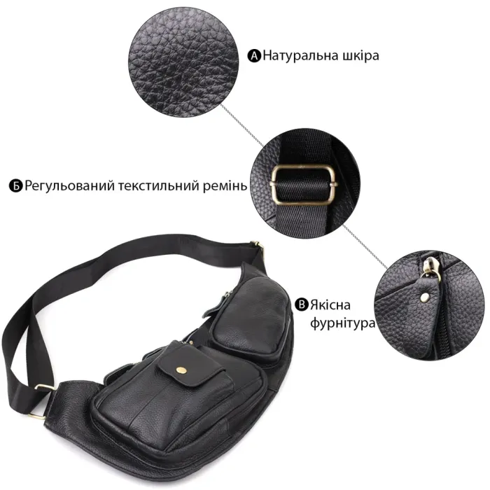 Чоловіча сумка з великою кількістю кишень із натуральної шкіри Vintage 22961 Чорний