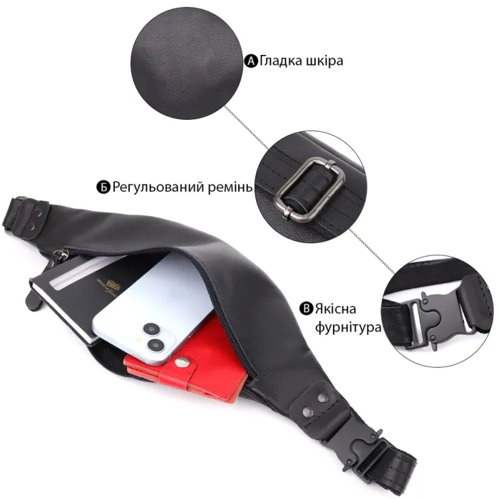 Сумка бананка для чоловіків з гладкої натуральної шкіри Shvigel 23134 Чорний