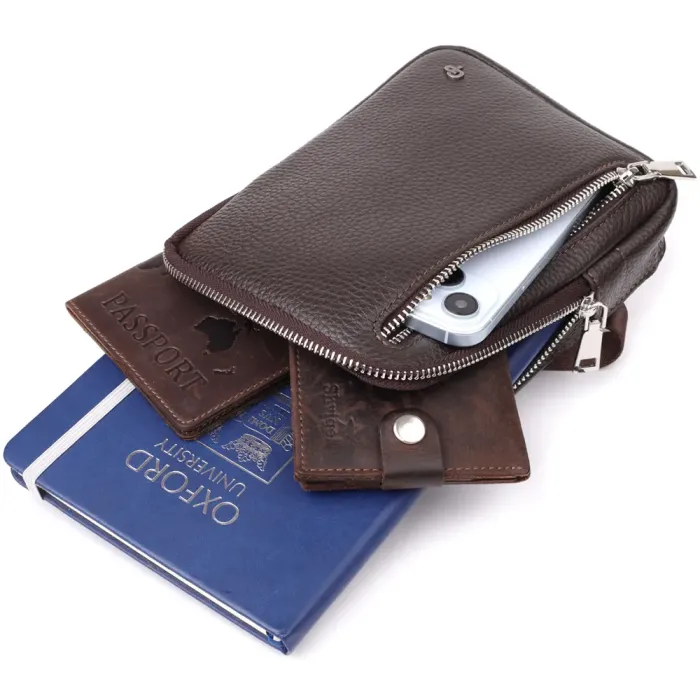 Прямокутна сумка бананка із зернистої натуральної шкіри GRANDE PELLE 22878 Коричнева