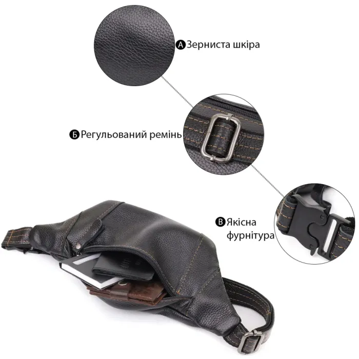 Приваблива сумка-бананка для чоловіків з натуральної шкіри зернистої Shvigel 23127 Чорний