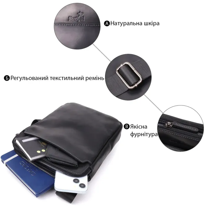 Практична чоловіча сумка через плече з вінтажної натуральної шкіри Shvigel 20870_1 Чорний