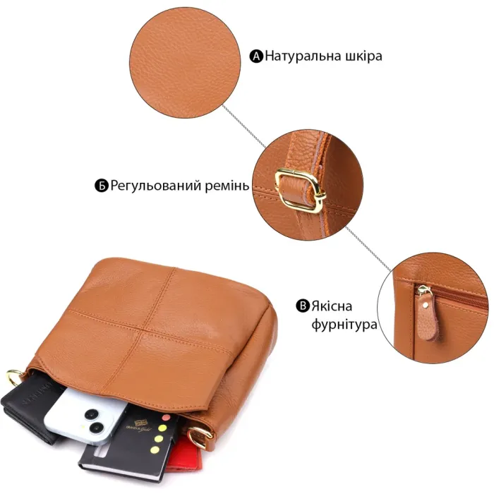 Стильна жіноча сумка на три відділення з натуральної шкіри Vintage 22975 Рудий