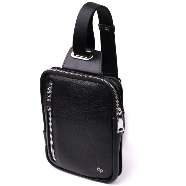 Чоловіча прямокутна сумка бананка із зернистої натуральної шкіри GRANDE PELLE 22879 Чорний