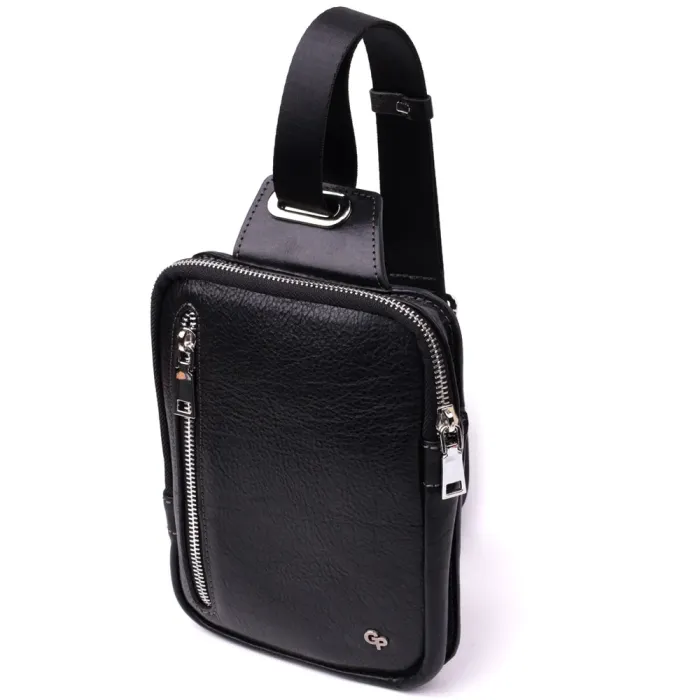 Чоловіча прямокутна сумка бананка із зернистої натуральної шкіри GRANDE PELLE 22879 Чорний