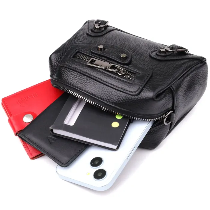 Модна жіноча сумка з натуральної шкіри з актуальним декором Vintage 22922 Чорний