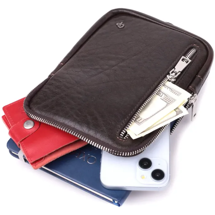 Чоловіча прямокутна сумка бананка з гладкої натуральної шкіри GRANDE PELLE 22880 Коричневий