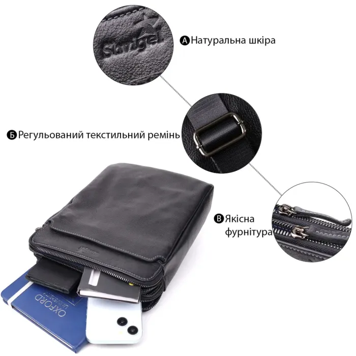 Стильна чоловіча сумка через плече з дрібнозернистої шкіри Shvigel 20869_1 Чорний