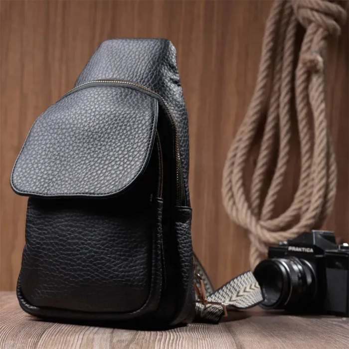 Зручна жіноча сумка з однією лямкою через плече з великозернистої екошкіри Vintage 22763 Чорний