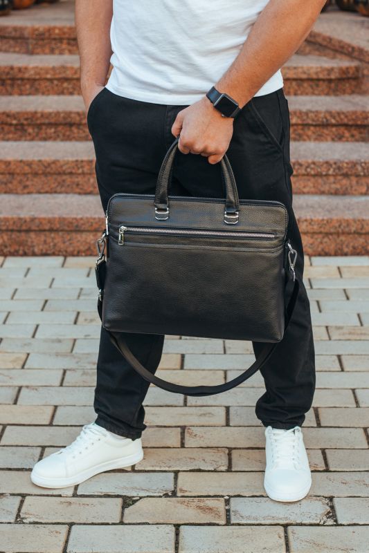 Шкіряна чоловіча ділова сумка 38x29x8, папка портфель для роботи  Tiding Bag 30987 чорна