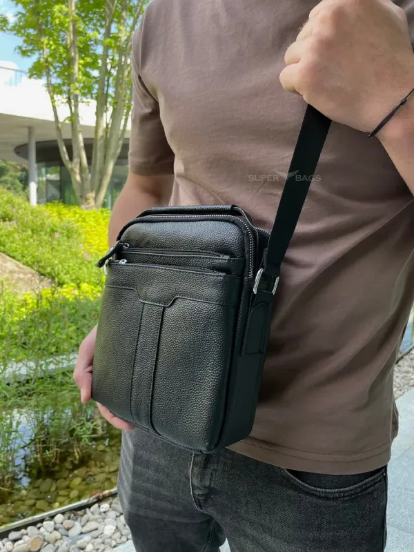 Шкіряна чоловіча сумка-барсетка 21х25х6, месенджер з ручкою Tiding Bag 73957 чорна