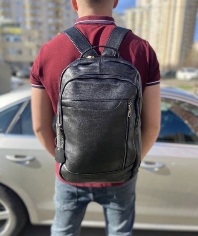 Міський чоловічий шкіряний рюкзак 28х42х18, сумка на плечі для ноутбука Tiding Bag B2-03555A, чорна