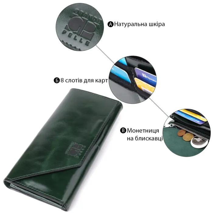 Добротний гаманець у два складення з натуральної гладкої шкіри GRANDE PELLE 22945 Зелений