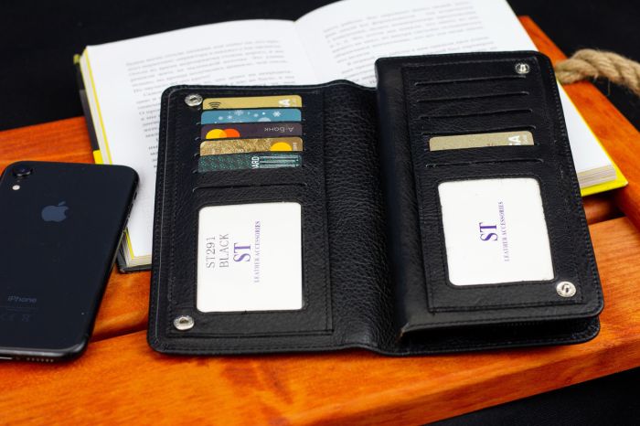 Чорний багатофункціональний чоловічий гаманець з натуральної шкіри МС291