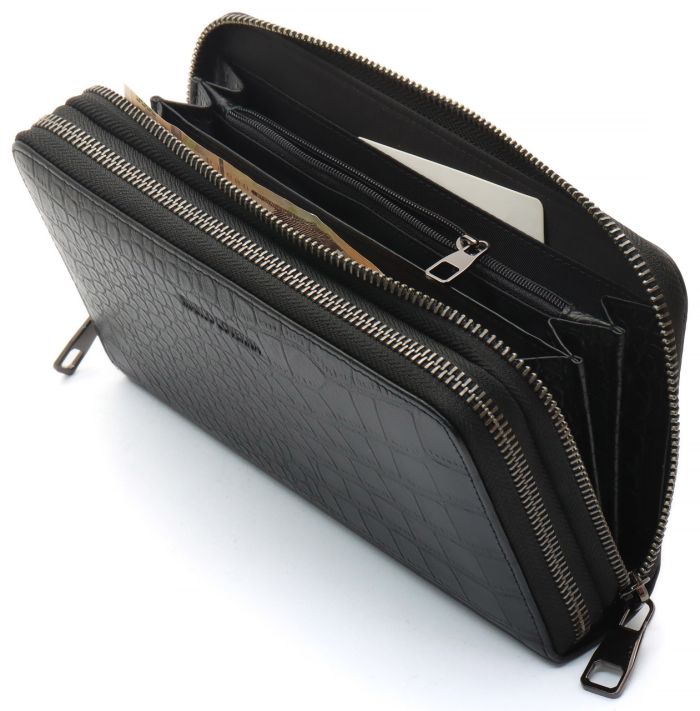 Чорний гаманець-клатч на дві блискавки із фактурної натуральної шкіри Marco Coverna MCJP-5902B