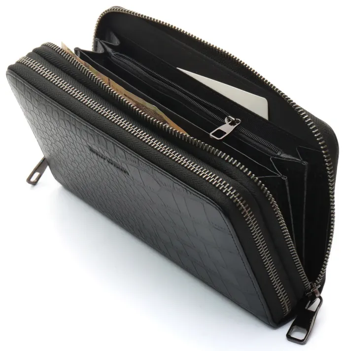 Чорний гаманець-клатч на дві блискавки із фактурної натуральної шкіри Marco Coverna MCJP-5902B