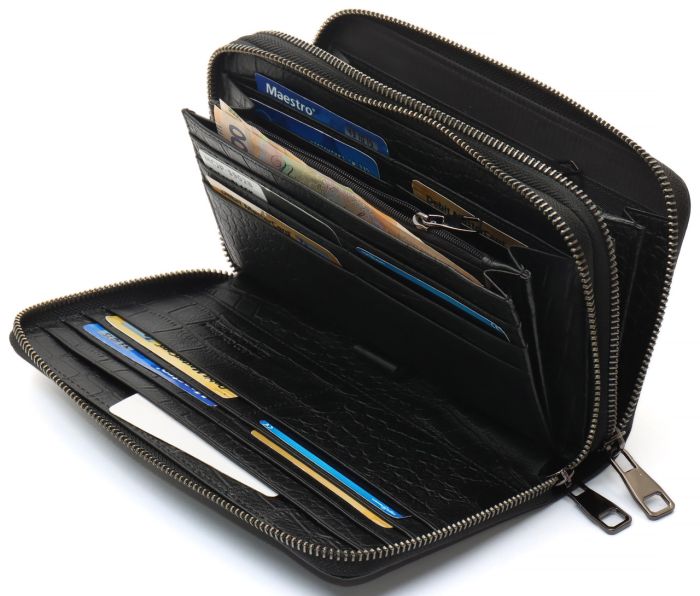 Чорний гаманець-клатч на дві блискавки із фактурної натуральної шкіри Marco Coverna MCJP-5902B