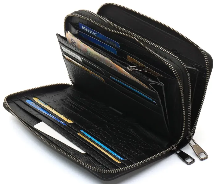 Чорний гаманець-клатч на дві блискавки із фактурної натуральної шкіри Marco Coverna MCJP-5902B