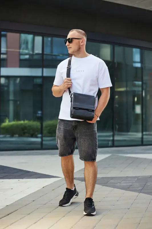 Шкіряна чоловіча сумка-месенджер 21x24x6, барсетка з натуральної шкіри Tiding Bag 9389 чорна