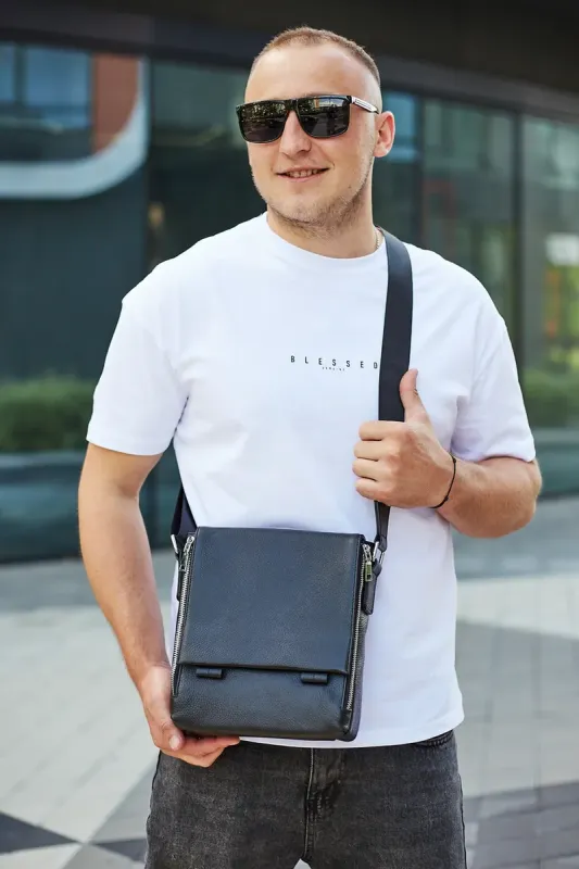 Шкіряна чоловіча сумка-месенджер 21x24x6, барсетка з натуральної шкіри Tiding Bag 9389 чорна